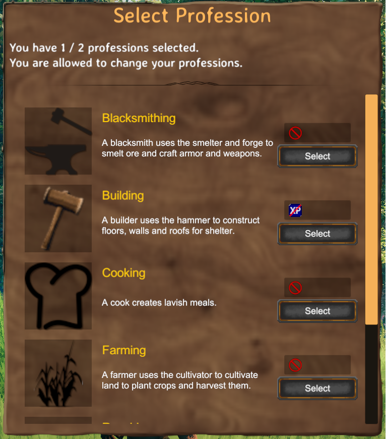 Ingame profession window