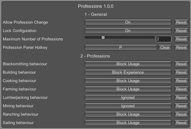 Ingame profession options